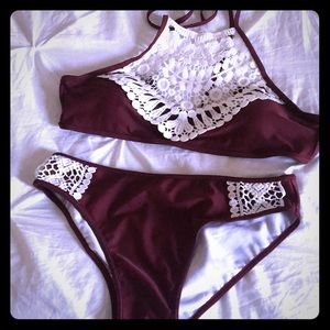 Burgandy white lace bikini